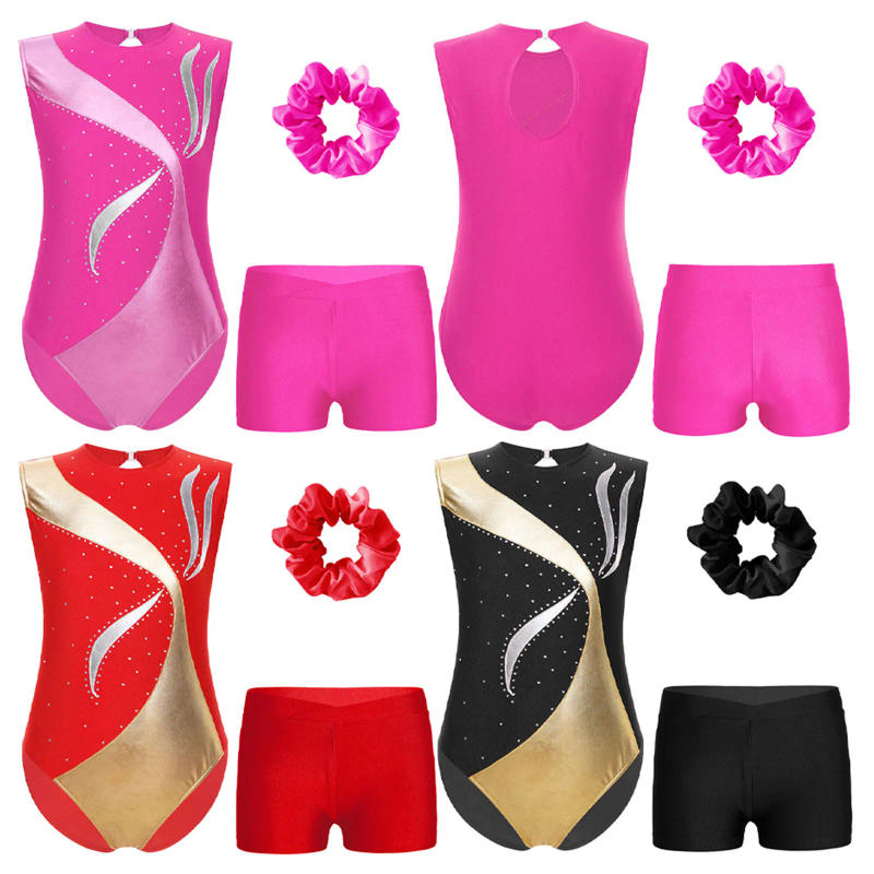 Description Picture 3 of itemKids Girls Gymnastics Outfit Metallic Shiny Patchwork Keyhole Back Sleeveless Jumpsuit Teens Ballet Dance Leotard with Shorts