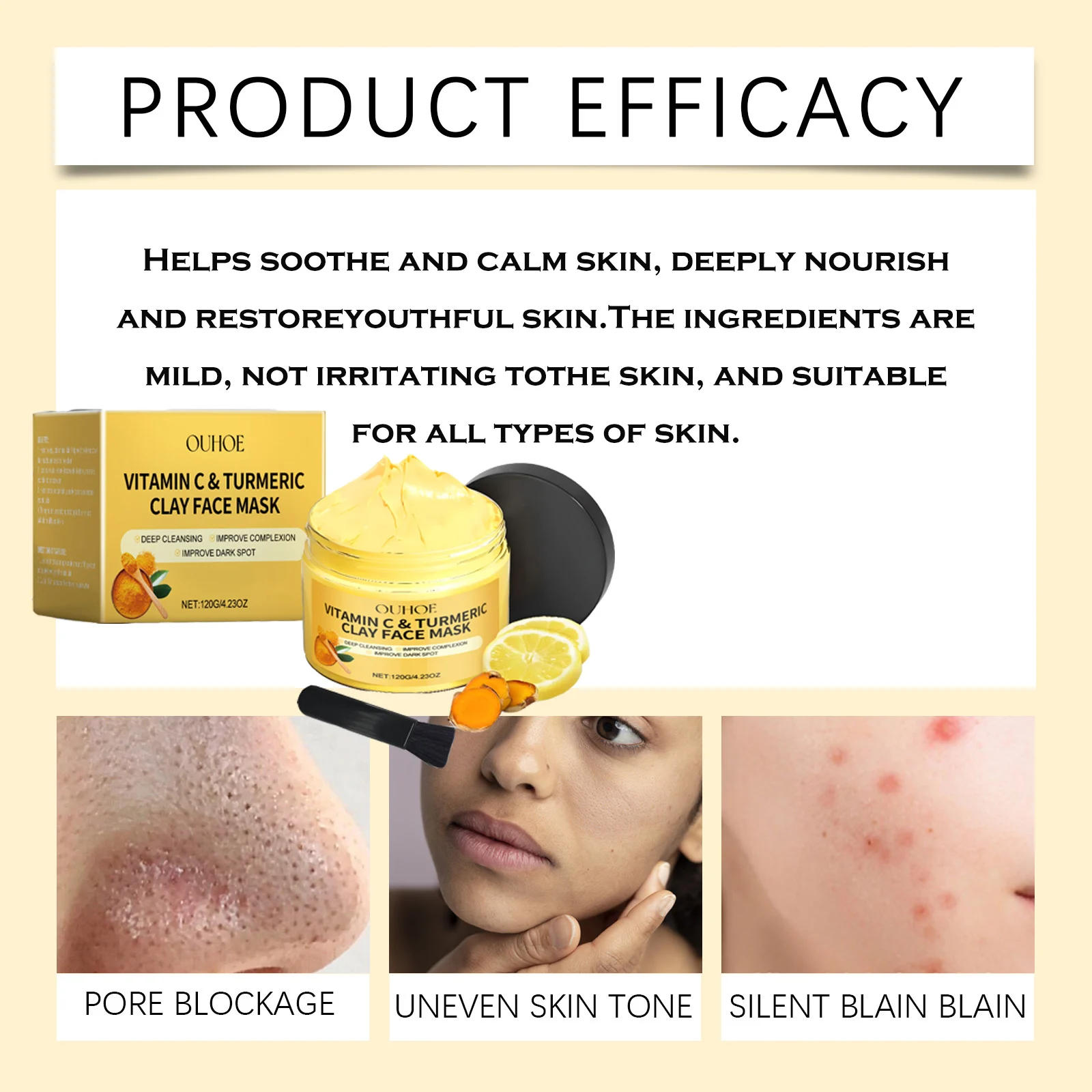 Description Picture 3 of itemTurmeric VitaminC Clay Mask Deep Cleansing Facial Improves Dark Spots Hydrating Skin Care Tightens Skin Evens Skin Tone