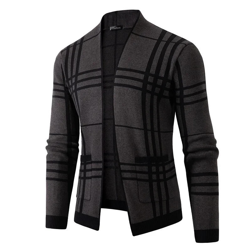Description Picture 3 of item2024 Autumn/Winter European and American Men's Trendy Plaid Sweater Slim Fit Casual British Cardigan Sweater Jacket