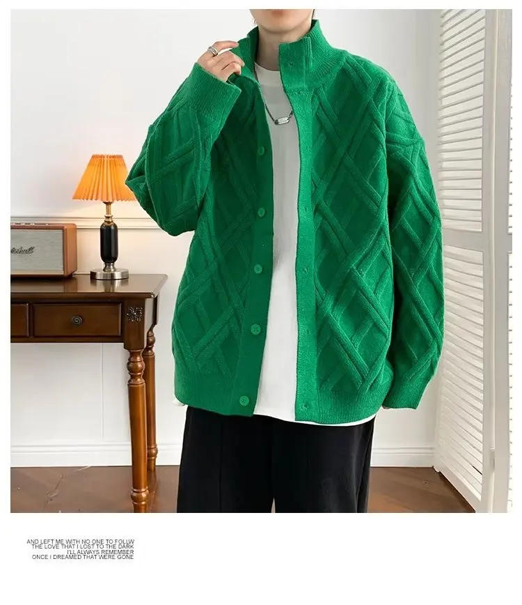 Description Picture 3 of itemWinter Check Pattern Stand Collar Knitted Cardigan Couple Loose Casual High Street Sweater Jackets Men Tops Male Clothes