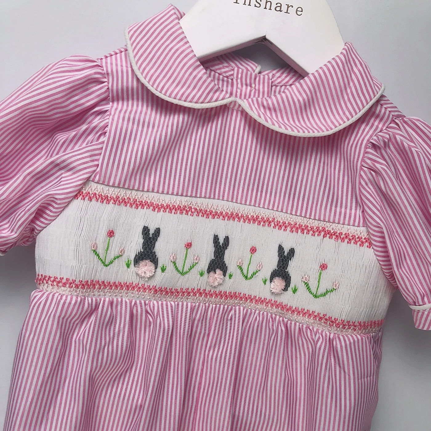 Description Picture 5 of itemChildren Boutique Clothing Summer Short Sleeve Boys and Girls Baby Striped Romper Handmade Smocked Rabbit Embroidery Cute Outfit