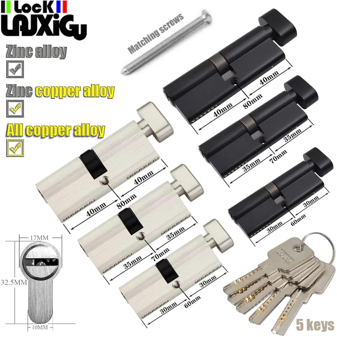 Description Picture 2 of itemFamily anti-theft door cylinder door, lock core door lock, zinc alloy copper alloy 60mm 70mm 80mm 90mm Lock cylinder 3keys 5keys