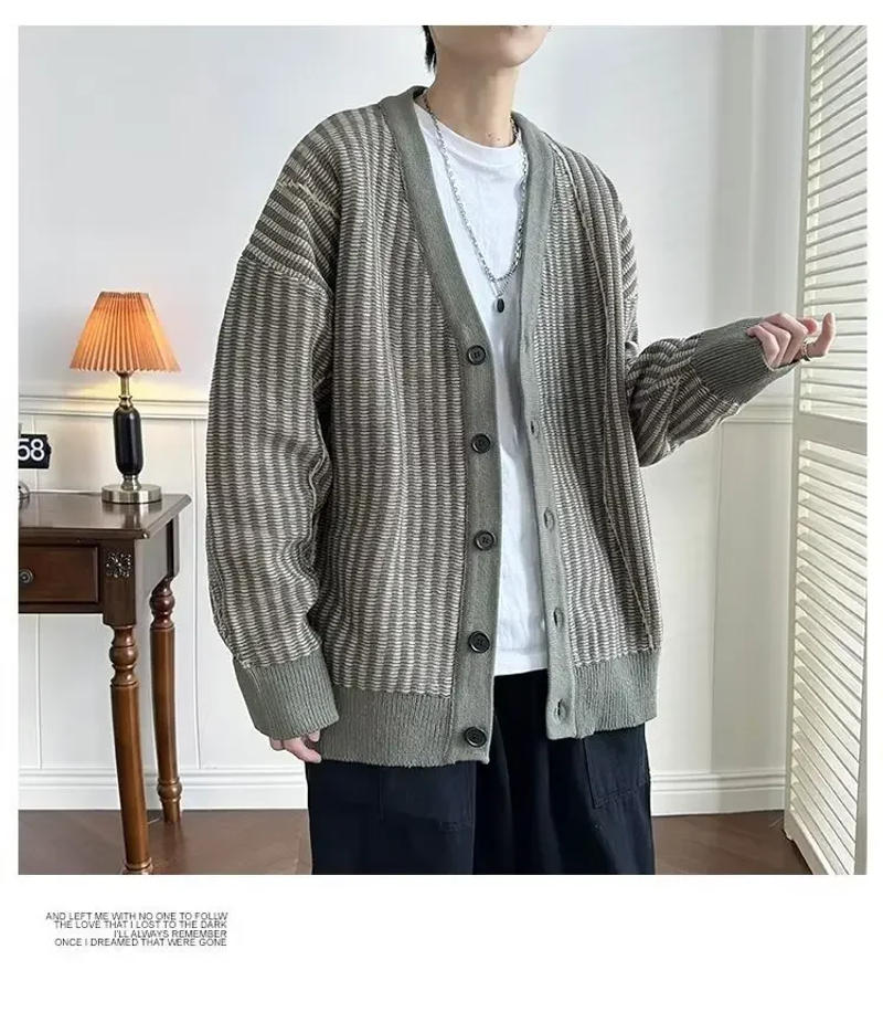 Description Picture 4 of item2023 Autumn Winter Striped Knitted Cardigan V-neck Loose-fit Men's Sweater Casual Scene Japanese Vintage Style Jacket