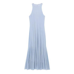 ZBZA Women's Tulle Long Dress Pleated Crew Neck Sleeveless Wave Hem High Waist Midi Pullover Dress Spring Summer Female Chic Top
