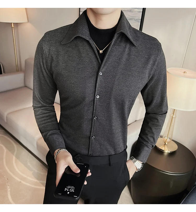 Description Picture 3 of item2023 Winter Two Fake Woolen Shirt Men Solid Color Lapel Slim Casual Business Dress Shirt Social Party Tuxedo Blouse Men Clothing