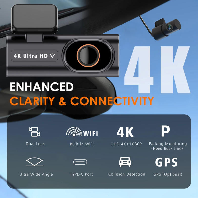 Description Picture 2 of item4K 3840*2160P Dash Cam WIFI Car DVR Dual Lens Camera Video Mini Drive Recorder Dashcam Black Box 24 Hour Monitoring Night Vision