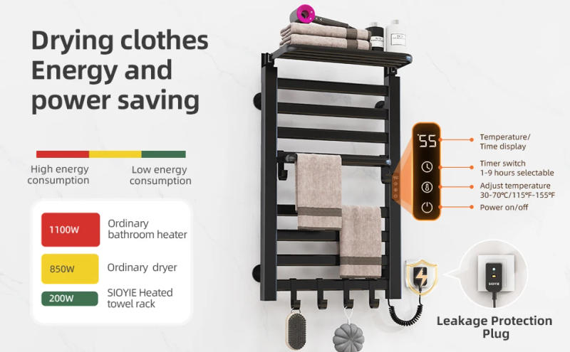 Description Picture 6 of itemSIOYIE Towel Warmer Bathroom Wall Mounted Heated Towel Rack with storage rack, Electric Towel Drying with Timer R650