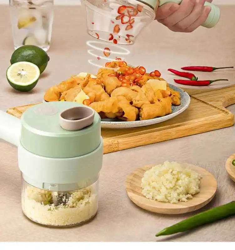 Description Picture 6 of item4 in 1 Vegetable Cutter Handheld Electric Vegetables Slicer Set For Garlic Pepper Chili Onion Celery Ginger Meat With Brush