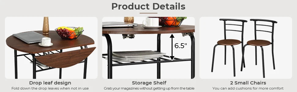 Description Picture 5 of itemComfort Corner Drop Leaf Dining Table Set 3 Pieces f,Small Kitchen Table Set for 2,Round Folding Table with 2 Chairs for Kitchen