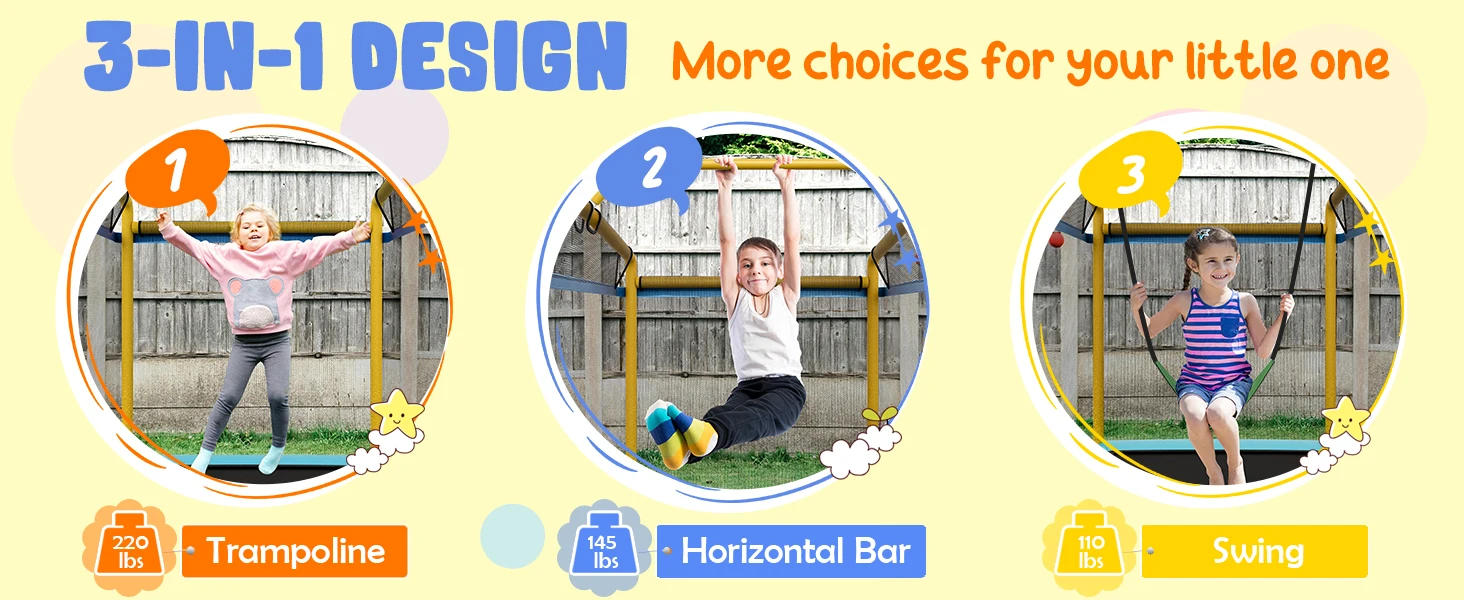 Description Picture 4 of itemTrampoline for Kids, 75” ASTM Approved Recreational Trampolines with Swing, Horizontal Bar & Enclosure Net, Mini Rectangle Tramp