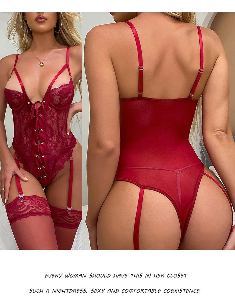 Description Picture 3 of itemWomen's Transparent Sexy Lace Up Spliced Strap Jumpsuit Slim Fit Erotic Lingerie Bodysuit Shapewear Hollow Out Backless Playsuit