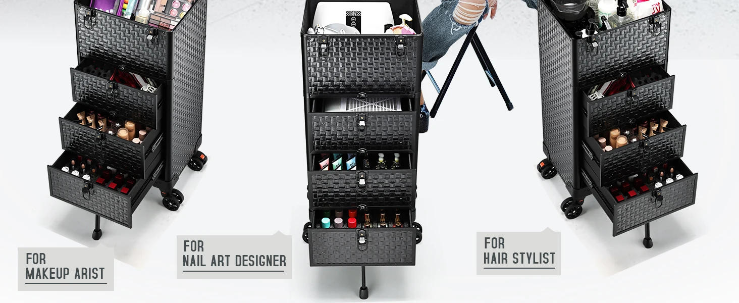 Description Picture 3 of itemCart with 3 Drawers, Professional Trolley Cart for Beauty Salon, Rolling Train Case Makeup Organizer Case for Nail Tech, F