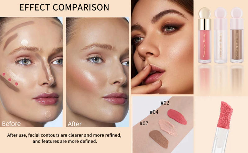 Description Picture 3 of itemLiquid Highlighter+Blush+Contour Stick Set for Face & Body Silky Natural Glow Liquid Luminizer Matte Pink Shadow Face Makeup