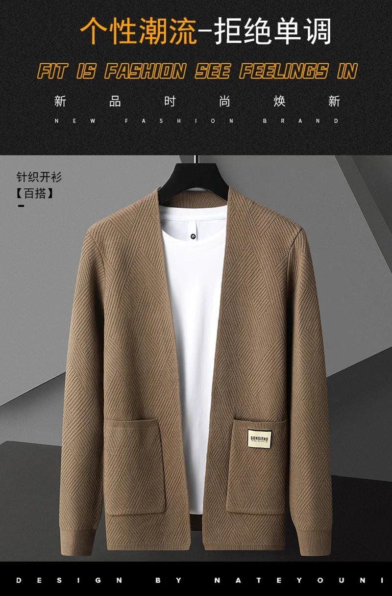 Description Picture 2 of itemSpring and Autumn New Men's Knitted Cardigan High Quality Korean Version Casual Fashion Pocket Shawl Sweater Solid Color Coat