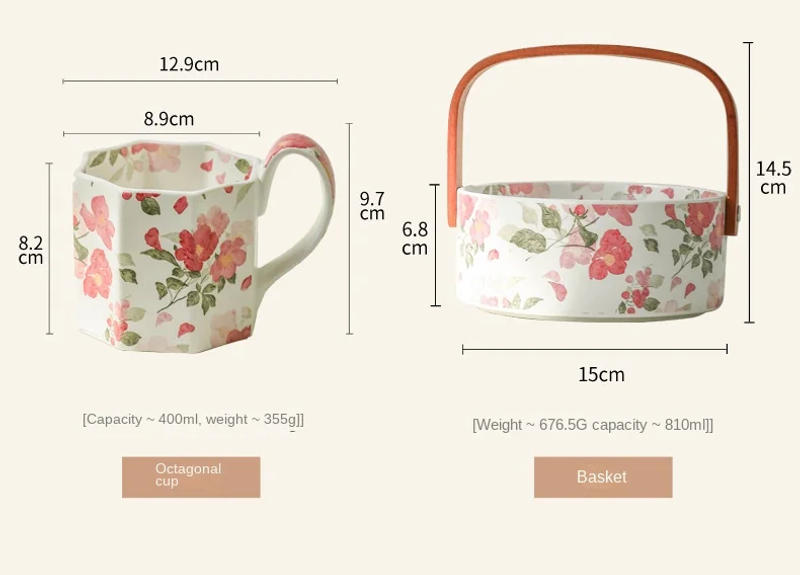 Description Picture 5 of itemRose Coffee Cup and Saucer Set Flowers Ceramics Coffee Mug Dessert Plate Picnic Basket Home Desktop Decoration