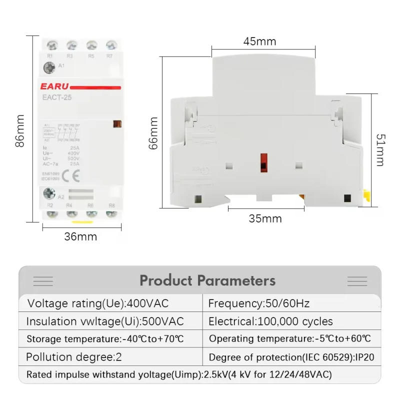 Description Picture 5 of item4P 16-25A AC 220V 230V 50/60Hz Din Rail Household AC Modular Contactor Switch Controller 4NO 4NC 2NO 2NC Smart Home House Hotel