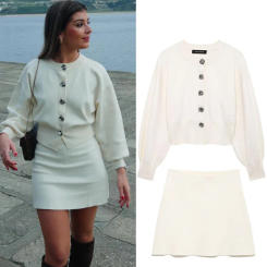 TRAFZA Women's Slim Fit 2 Piece Set Retro Black Knitted Sweater Jacket + Fashion High Waist Women's Casual Mini Skirt Streetwear