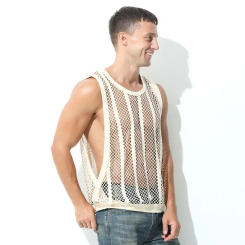 Summer Mesh Split Men's Vest Youth Sexy Solid Color Casual Breathable Round Neck Sports Loose Top Sense of Design Fashion Vest