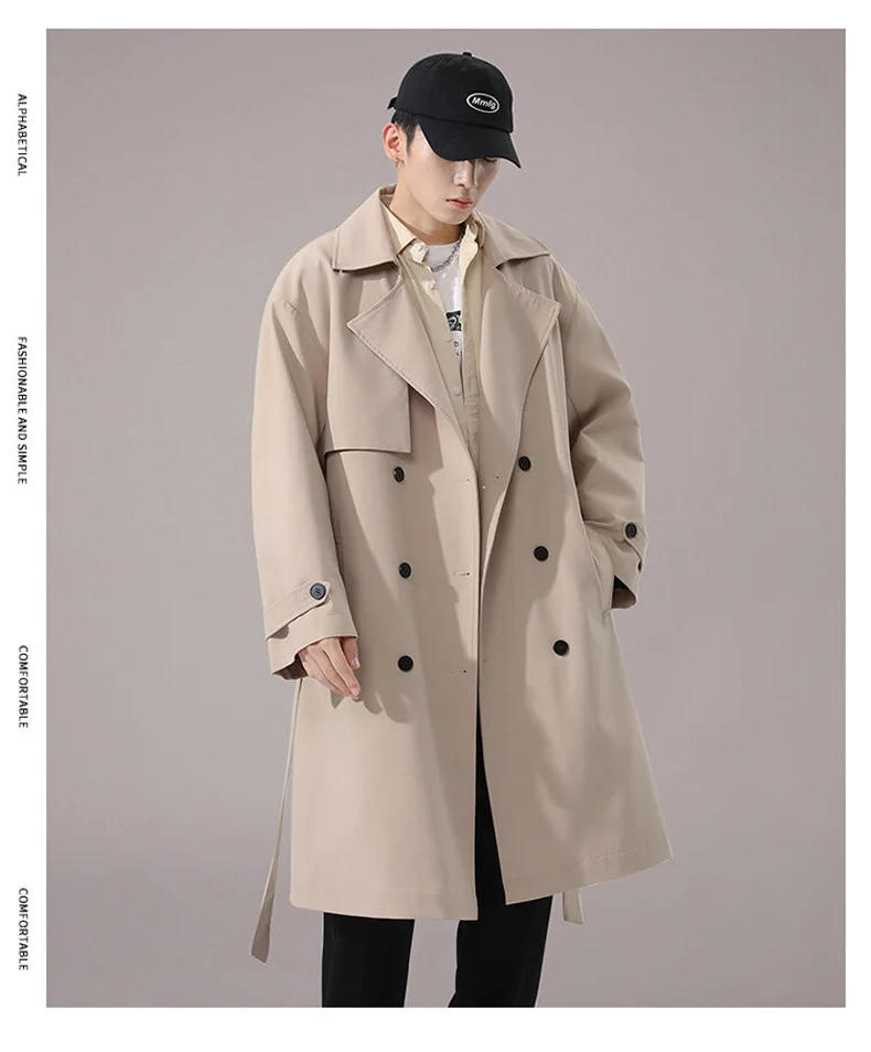 Description Picture 2 of item2023 KoreanAutumn Edition Trendy Windbreaker Men's Solid Color Double Breasted Loose Mid Length Coat Casual Coat