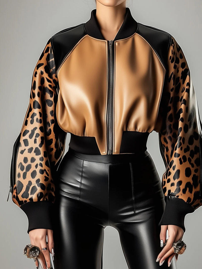 Description Picture 2 of itemWomen's PU Leather Jacket Leopard Print Patchwork Lantern Sleeve Coat Zippers Female Spring Autumn O Neck Short Baseball Jacket