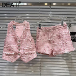 DEAT Fashion Women's Two-pieces Set V-neck Diamond Buckle Vest Burrs Design Tweed Shorts Female Trendy New Items 11A03794