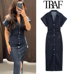 TRAF Pleated Single Breasted Denim Dress Women Fashion Short Sleeve Elegant Dresses 2025 Lady Chic Commute Casual Midi Dress 