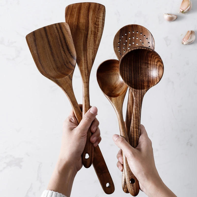 Description Picture 4 of item1~9PCS Thailand Teak Natural Wood Tableware Spoon Ladle Turner Long Rice Colander Soup Skimmer Cooking Spoons Scoop Kitchen Tool
