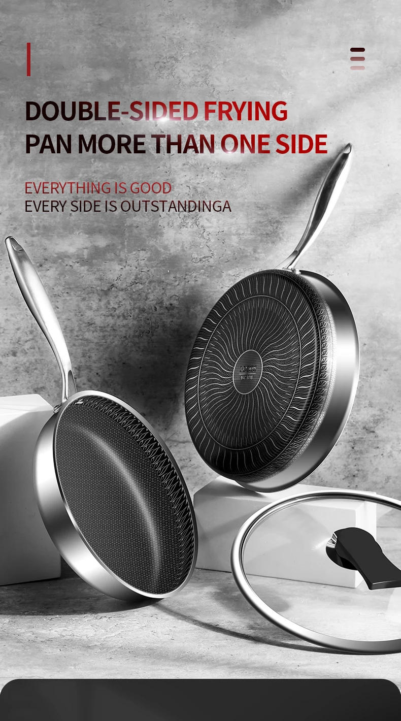 Description Picture 2 of item316/304 Stainless Steel Frying Pan High Quality Pan Fried Steak Non Stick Pan General Purpose Induction Cooker Honeycomb Wok