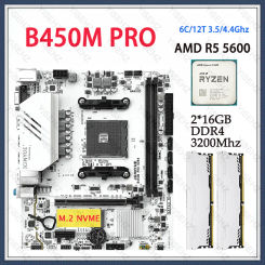 JGINYUE B450M PRO AM4 Motherboard Set With AMD Ryzen R5 5600 CPU Processors 2*16GB=32GB DDR4 Dual Channel Memory RAM  M-ATX