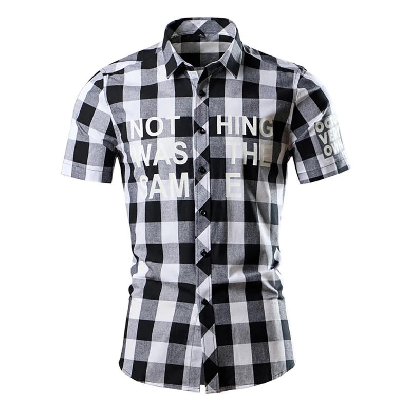 Description Picture 6 of itemNew Summer Men's Casual Multi-color Plaid Shirt Trend Letter Print Short-sleeved Shirt Men's Cotton Buttoned Short Sleeve