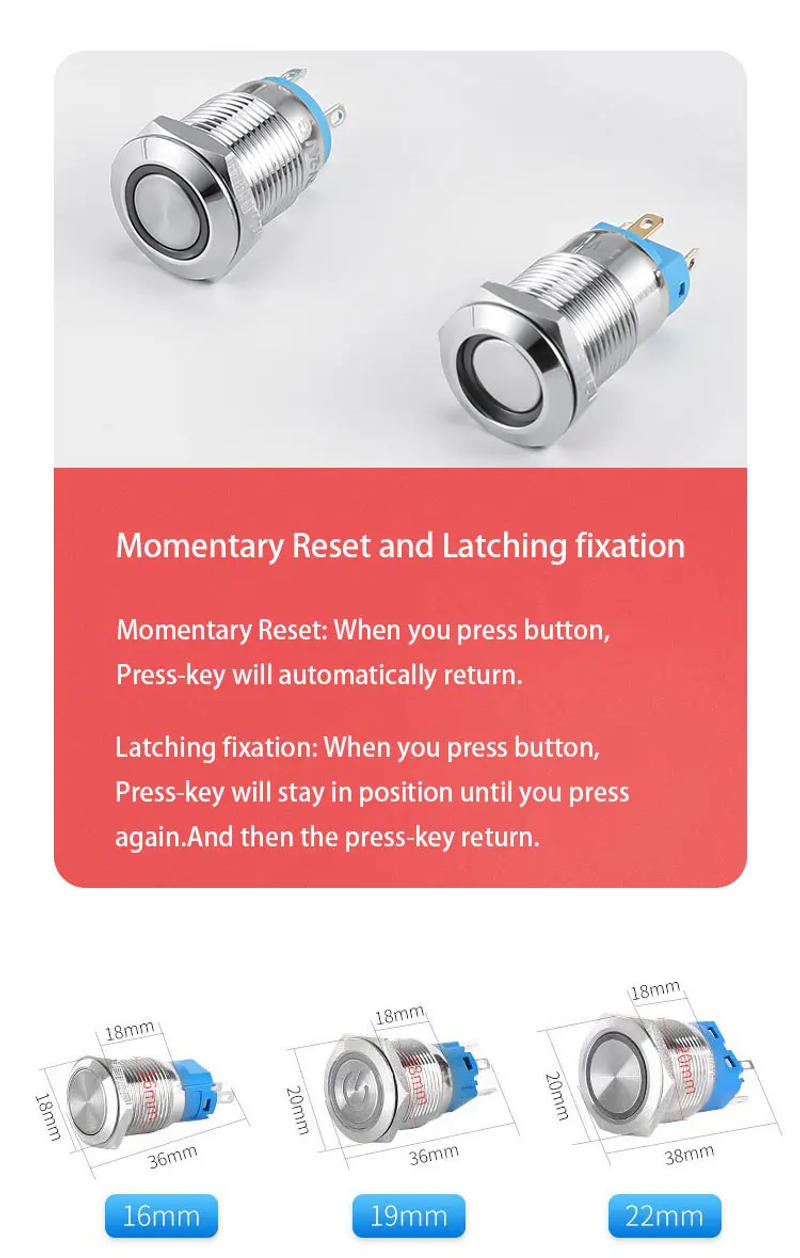 Description Picture 3 of item12mm 16mm 19mm 22mm metal push button on off switch power LED light Waterproof Flat circular button 3v 6v 12v 24v 110v 220v ip65