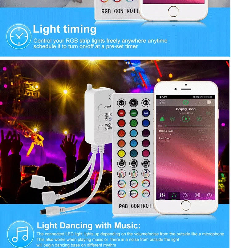 Description Picture 6 of itemMusic Bluetooth RGB Colorful LED Dimmer 1-4 Output Controller Timing Mode with 40 Keys IR Remote Control for 5050 2835 LED Strip