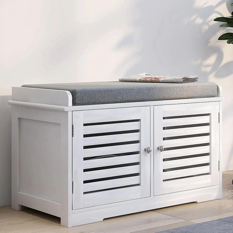 Description Picture 5 of itemShoe Storage Benches White Shoe Rack Bench with 2 Doors & Padded Seat Cushion in Grey Shoe Cabinet Entryway Bench