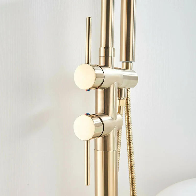 Description Picture 5 of itemBrushed Gold High Rise Round Pipe Bath Mixer Floor Mounted Bathtub Filler Shower Roman Tub Faucet Set  Stand