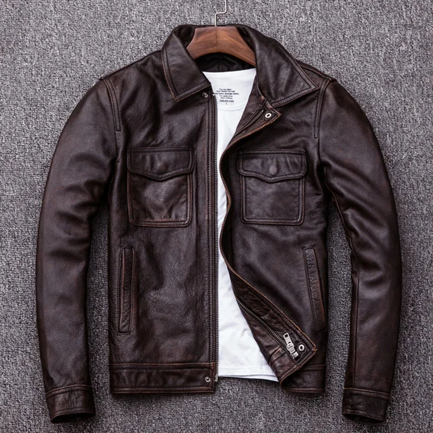 Description Picture 2 of item2024 New Brown Red Vintage Genuine Leather Jacket Men 100% Cowhide Natural Jackets Man Autumn Clothing Coat