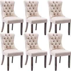 Tufted Dining Chairs Set of 6, Velvet Upholstered Dining Chairs with Nailhead Back and Ring Pull Trim, Solid Wood Dining Chairs