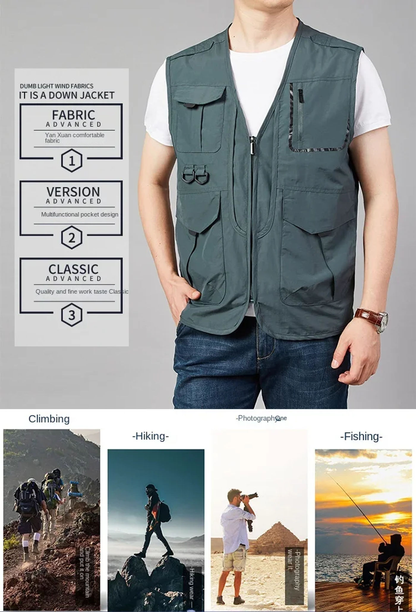 Description Picture 3 of itemWork Sleeveless Camping Jacket Hunting Windbreaker Size Fishing Leather Vests Waterproof for Plus Men Vest Outerwear MAN Utility