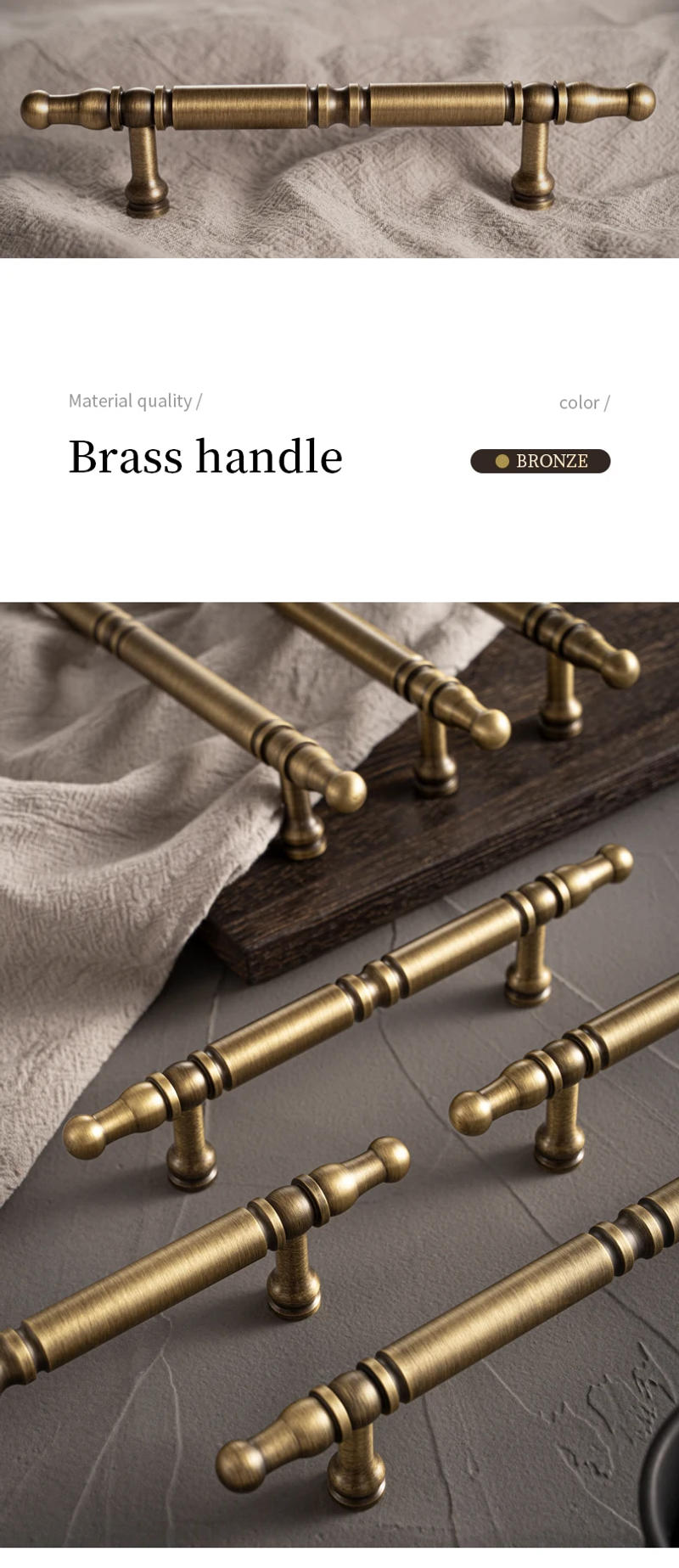 Description Picture 2 of itemSatin Antique Brass Cabinet Door Handles and Knobs Retro Drawer Pulls Bronze Kitchen Cupboard Handle Wardrobe Pull Hardware