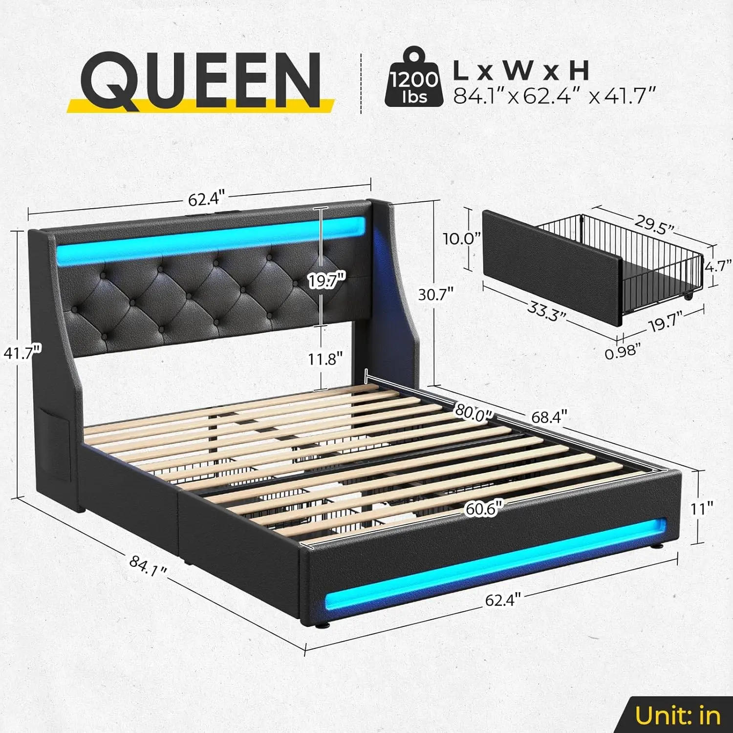 Description Picture 3 of itemQueen size bed frame with LED light charging station, PU leather bed with drawers, wooden slats, noiseless and easy to assemble