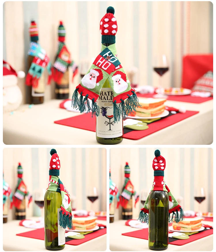 Description Picture 4 of itemNew  Christmas Wine Bottle Cover Set Santa Snowman Woven Wine Bottle Bags for Christmas Party Dinner Table Decorations Gifts