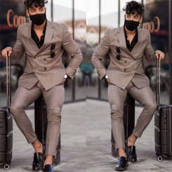 2 Pieces(Jacket+pants)Casual Brown Double Breasted Men Suits Costume Homme Slim Fit Tuxedo Wedding Groom Terno Masculino Blazer