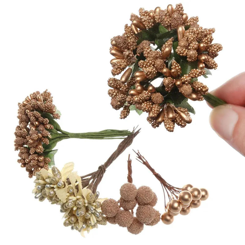 Description Picture 5 of item12/90pcs Gold Hybrid Emulation Flower Wedding Artificial Plants Cherry Berries Bundle Stamen Wreaths Decoration