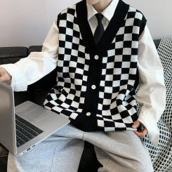 Versatile Plaid Sweater Vest Men's Autumn Loose-fit Cardigan Jacket Hong Kong Style Trendy Couple's Coat Casual Wear