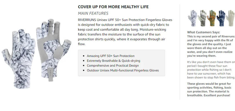 Description Picture 3 of itemAventik UPF 50+ Fishing Gloves Fingerless Anti-slip UV Protection for Men and Women Gloves Boating Hiking Hunting Fishing Gloves