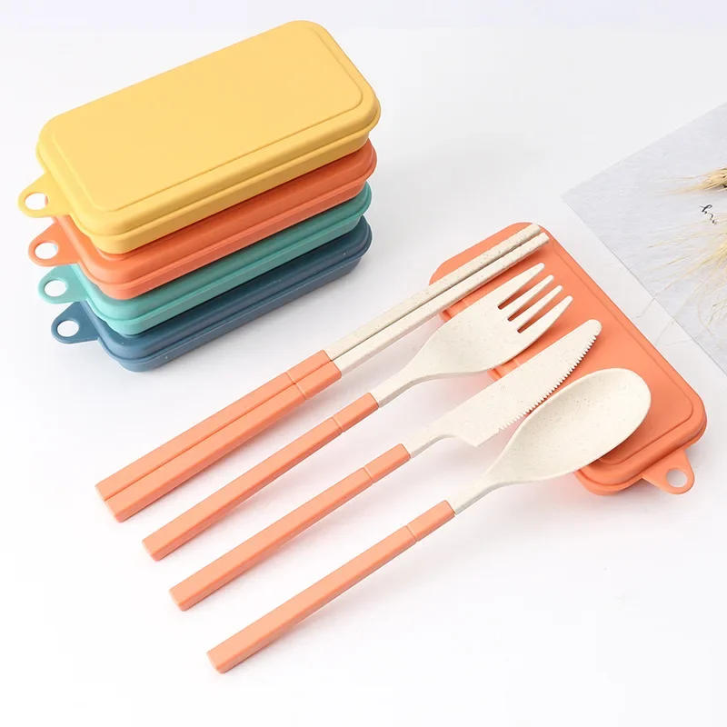 Description Picture 2 of item4Pcs Wheat Straw Dinnerware Set Portable Tableware Knife Fork Spoon Chopsticks Set Travel Cutlery Eco-Friendly Utensil Box