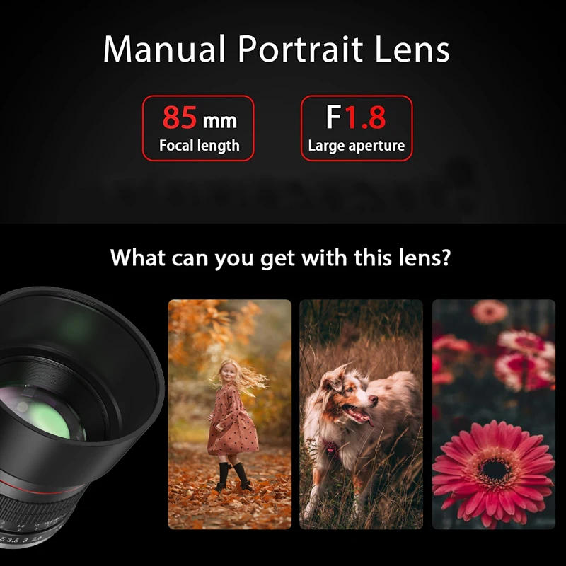 Description Picture 5 of itemLightdow 85mm f1.8 Portrait Lens for Nikon DSLR Iconic Brand EOS Rebel T8i T7 T6 T6s SL3 SL2 90D 80D 77D 4000D 6D Iconic Brand E mount Cameras