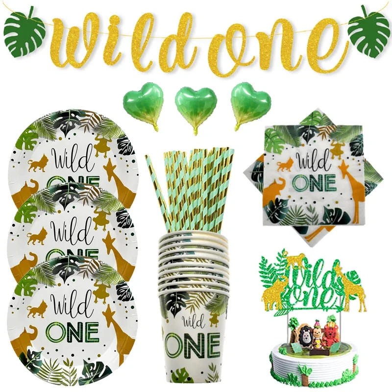 Description Picture 5 of itemWild One Birthday Decor Disposable Tableware Set Cups Plates Napkins Flags Cake Topper Balloons Jungle Theme Party Supplies