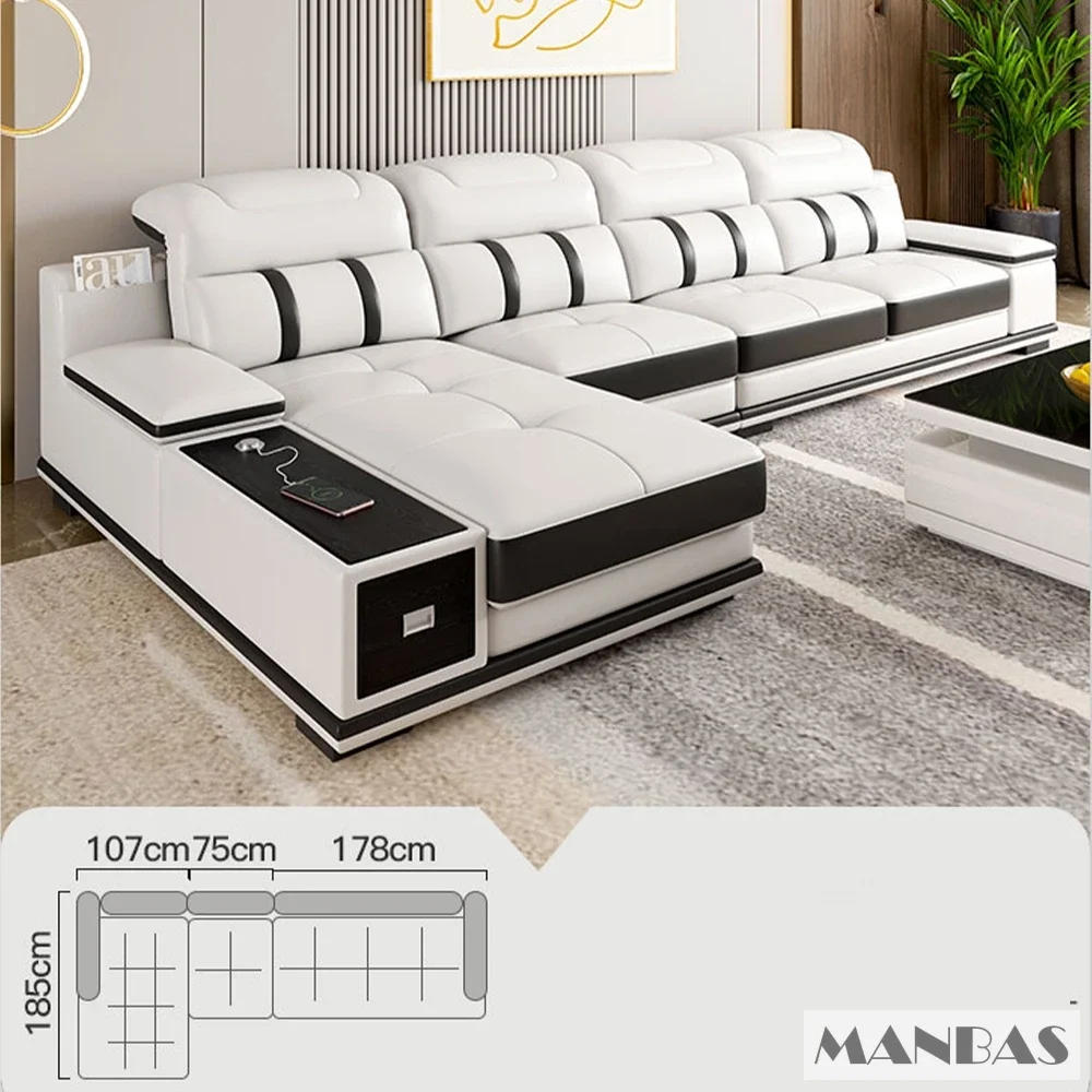 Description Picture 6 of itemModern Genuine Leather Sofa Living Room By MANBAS - Stylish Italian Couch with Bluetooth Speaker, USB & Adjustable Headrests
