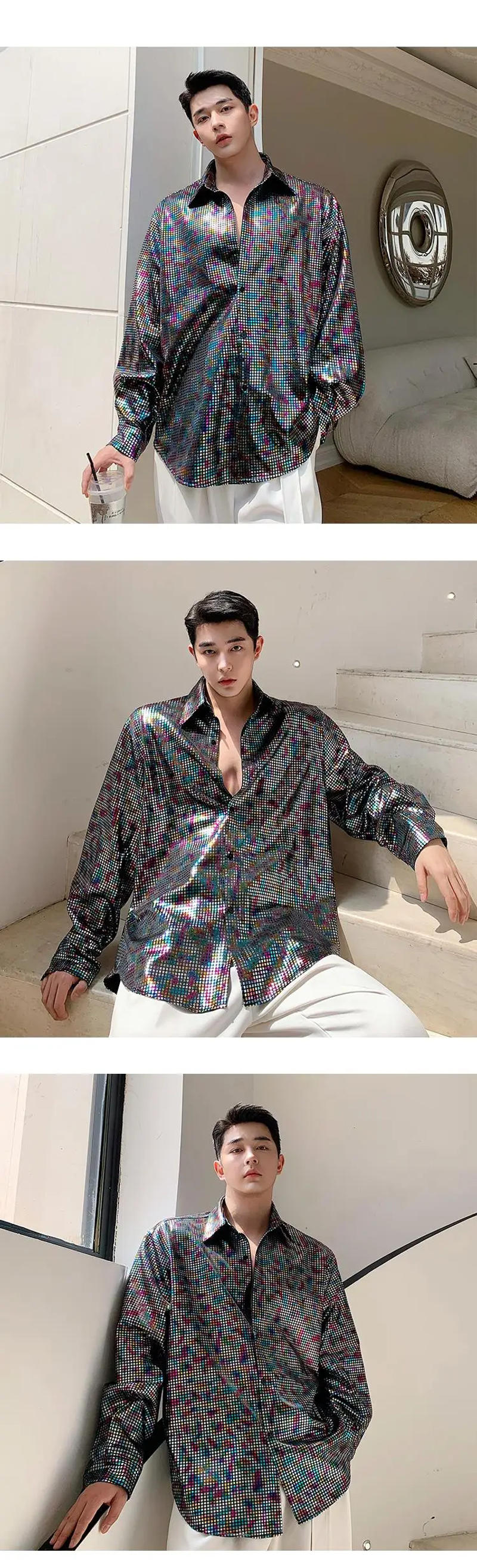 Description Picture 2 of itemSenior Bling Laser Reflect Men Blouse Sequined Night Club Singer Stage Shirts Handsome Party Streetwear Ins Vibe Disco Kpop Tops