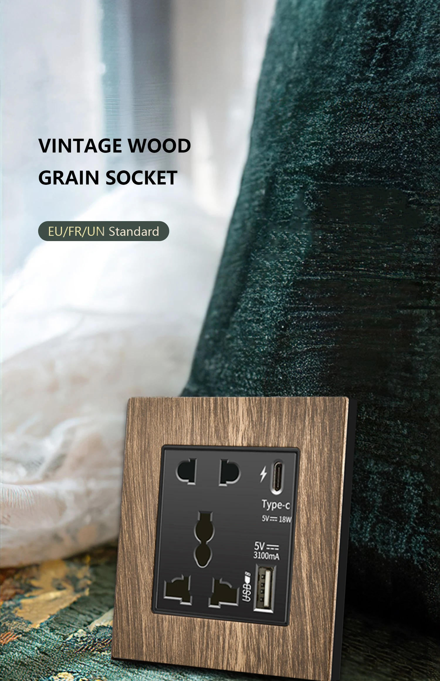 Description Picture 2 of itemRetro Wood grain Wall Light Switch,18W Fast Type C Wall 220V Power Outlet plug,EU FR European Electrical socket with USB Charger